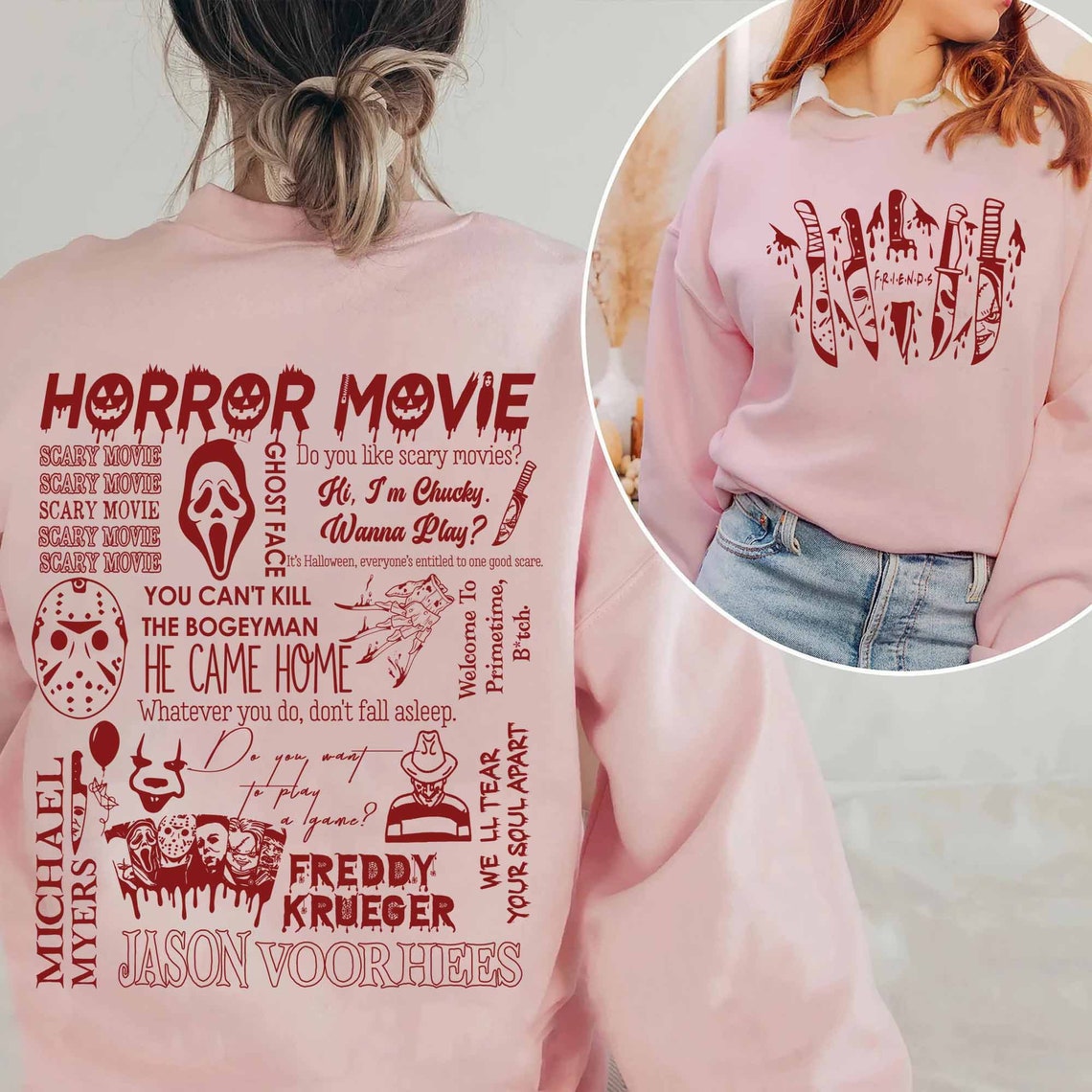 Vintage Halloween Friends 2 Sides Sweatshirt, Horror Movie Killers Halloween, Horror Film Friends, Halloween Sweatshirt
