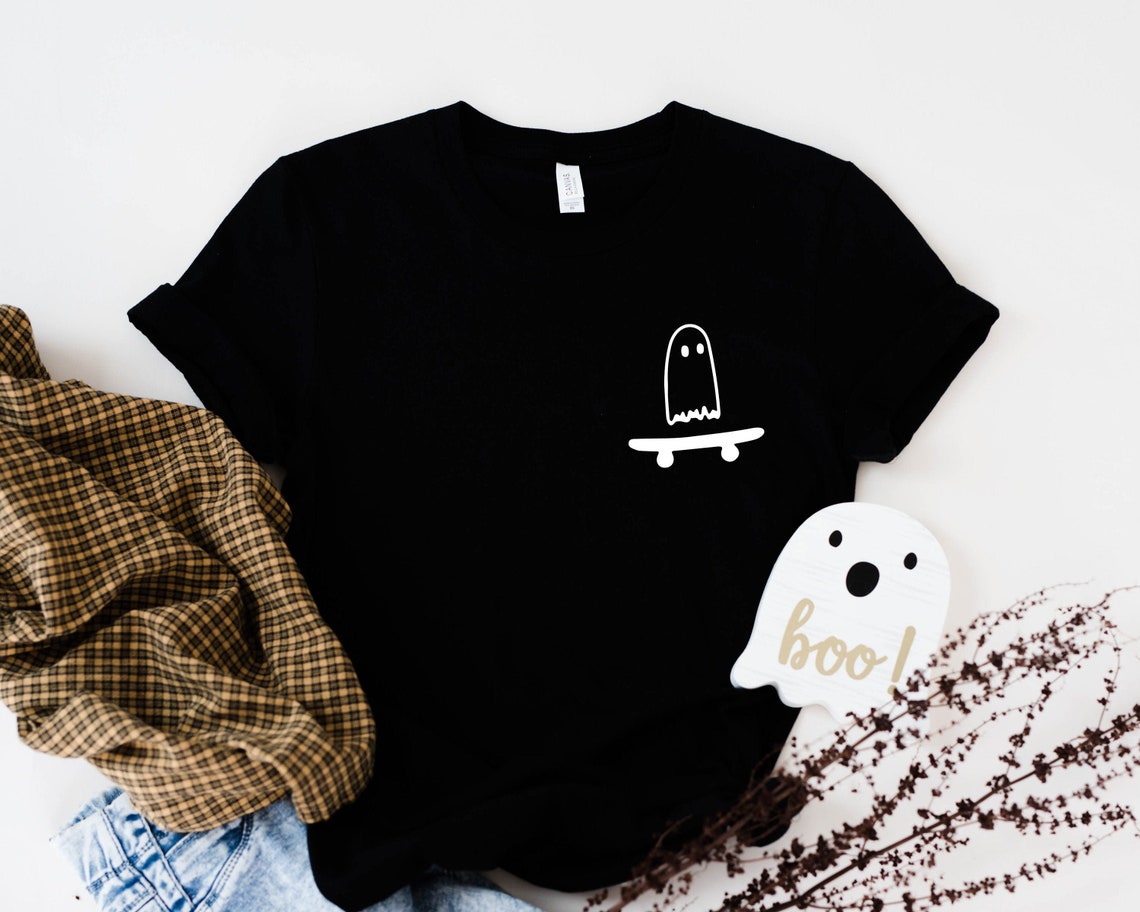 Ghost Pocket Shirt, Cute Ghost Shirt, Skateboarder Shirt, Ghost Skateboard Shirt, Halloween Shirt, Funny Skateboard Shirt, Ghost Shirt