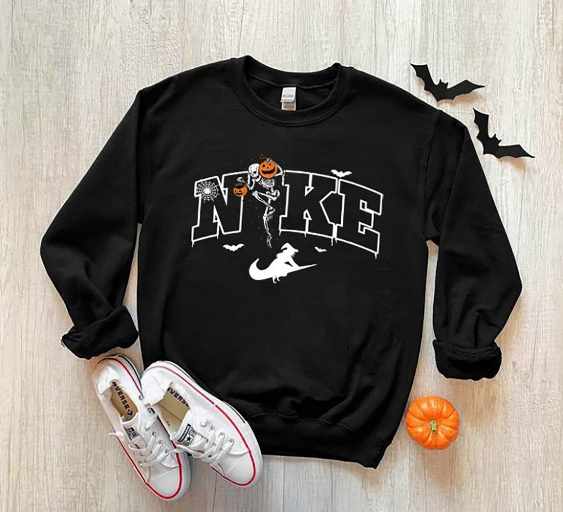 Halloween Skeleton Pumpkin Sweatshirt, Skeleton Halloween Sweater, Fall Sweatshirt, Vintage Halloween Sweatshirt, Swoosh Skeleton Sweatshirt