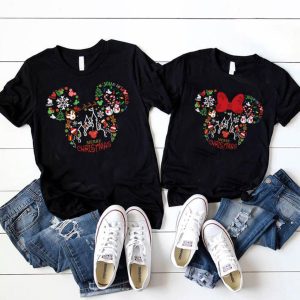 Mickey & Minnie Head Shirt, Christmas Disney Couple Sweatshirt, Christmas Gift, Snowmen, Snowflake, Santa Hat, Reindeer, Disney Castle