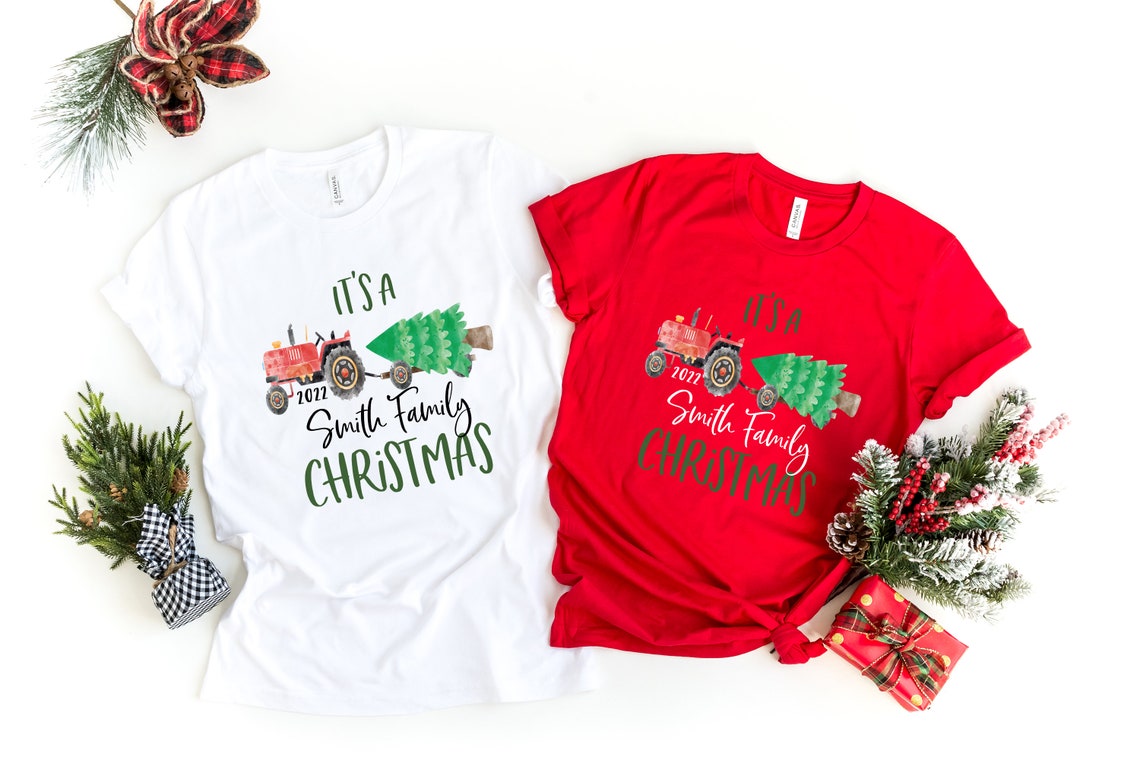 Personalized Matching Family Christmas Family T-shirt, Vintage Truck Holiday Family Tee Farm Christmas tractor 2022 Family Christmas Gift
