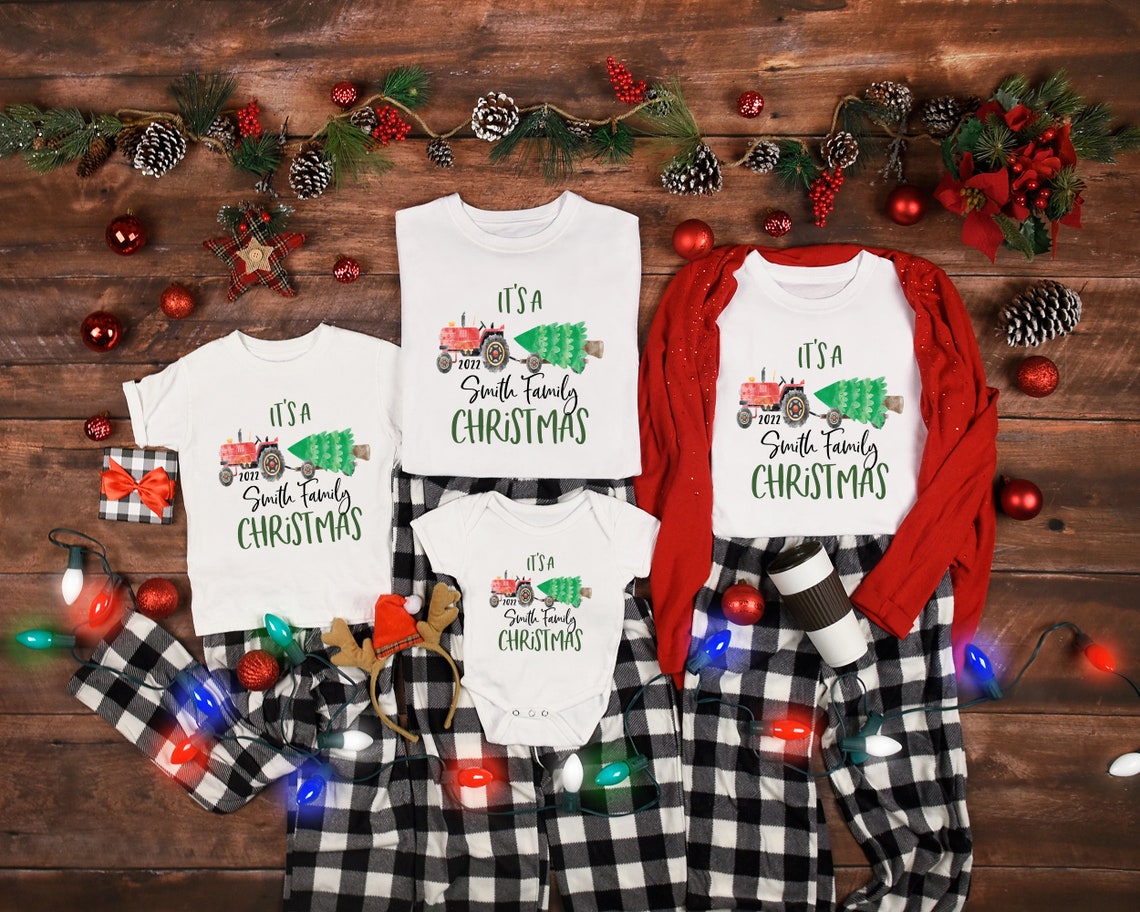 Personalized Matching Family Christmas Family T-shirt, Vintage Truck Holiday Family Tee Farm Christmas tractor 2022 Family Christmas Gift