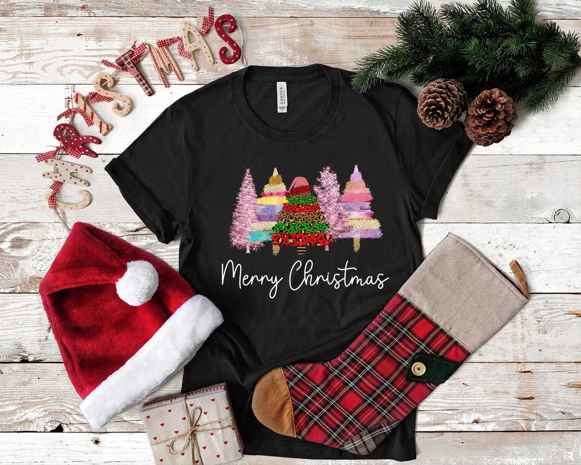 Ladies Merry Christmas Shirt, Women Christmas Shirts, Cute Christmas Trees Shirt, Womens Holiday Shirt, Leopard Print Christmas Tree Shirt