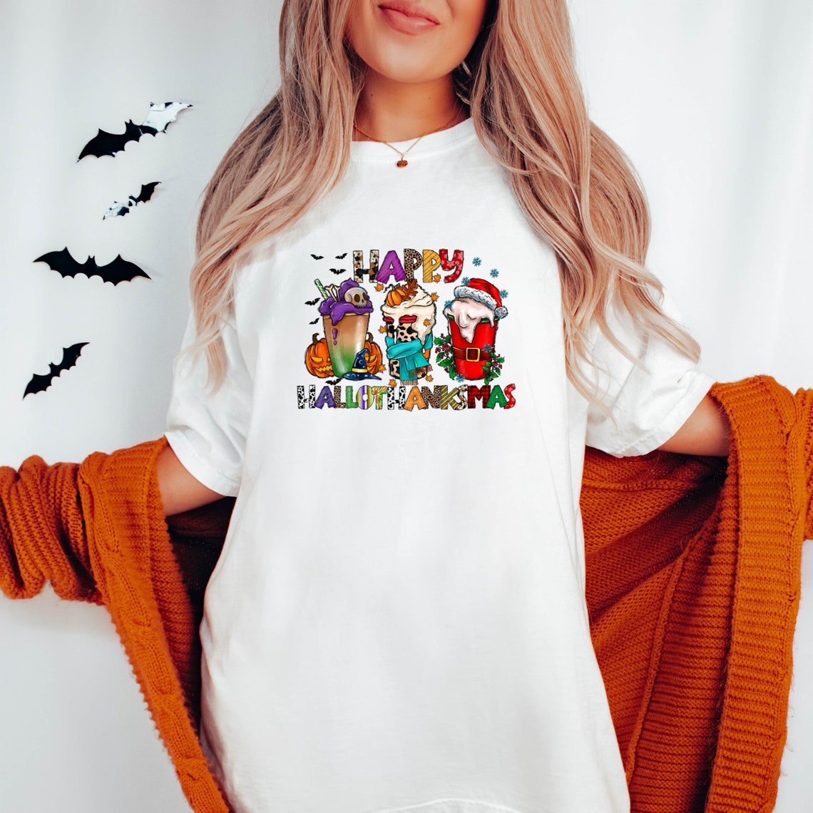 Happy Hallothanksmas Coffee Comfort Shirt, Happy Christmas Coffee Woman Shirt, Fall Shirt, Halloween Christmas Comfort Shirt