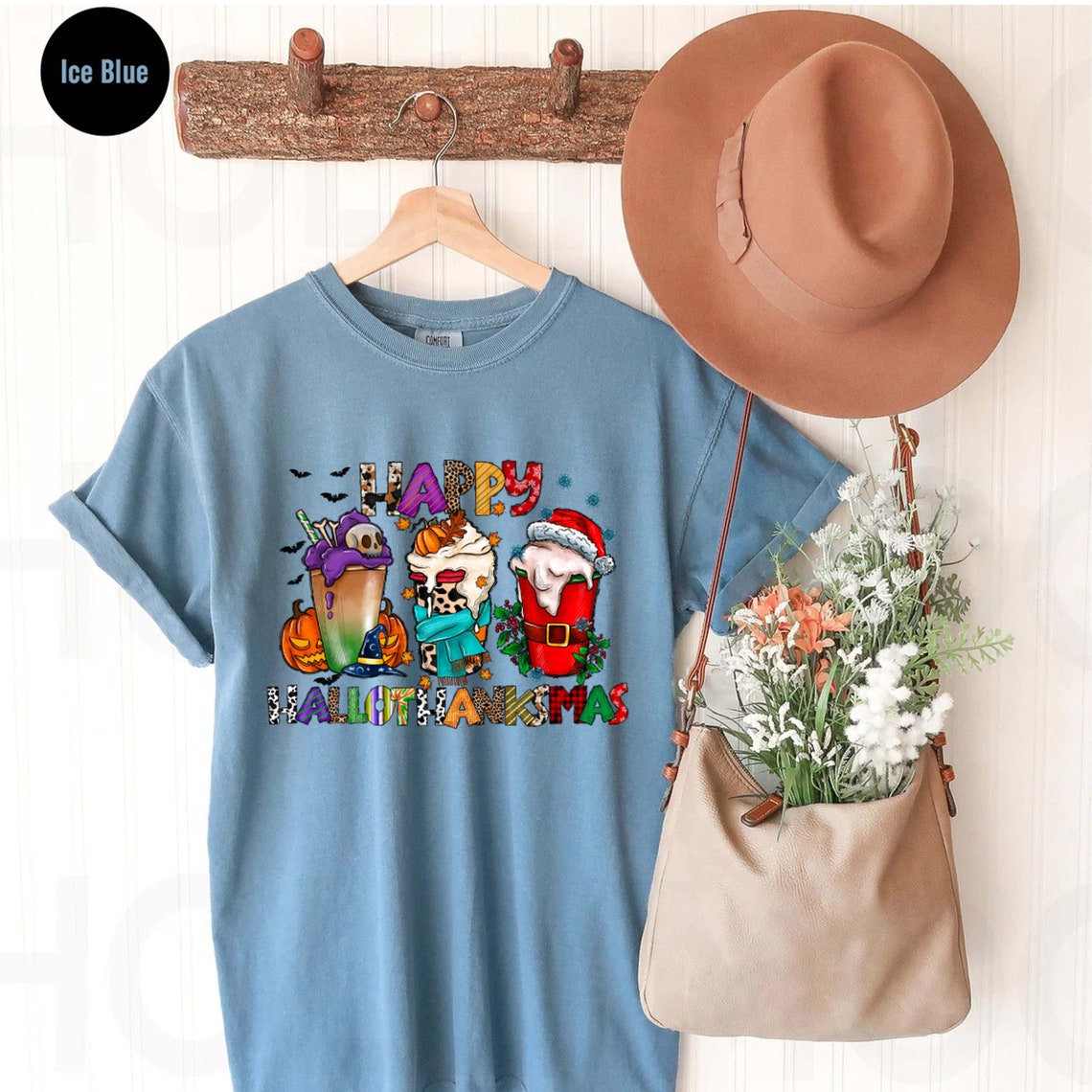 Happy Hallothanksmas Coffee Comfort Shirt, Happy Christmas Coffee Woman Shirt, Fall Shirt, Halloween Christmas Comfort Shirt
