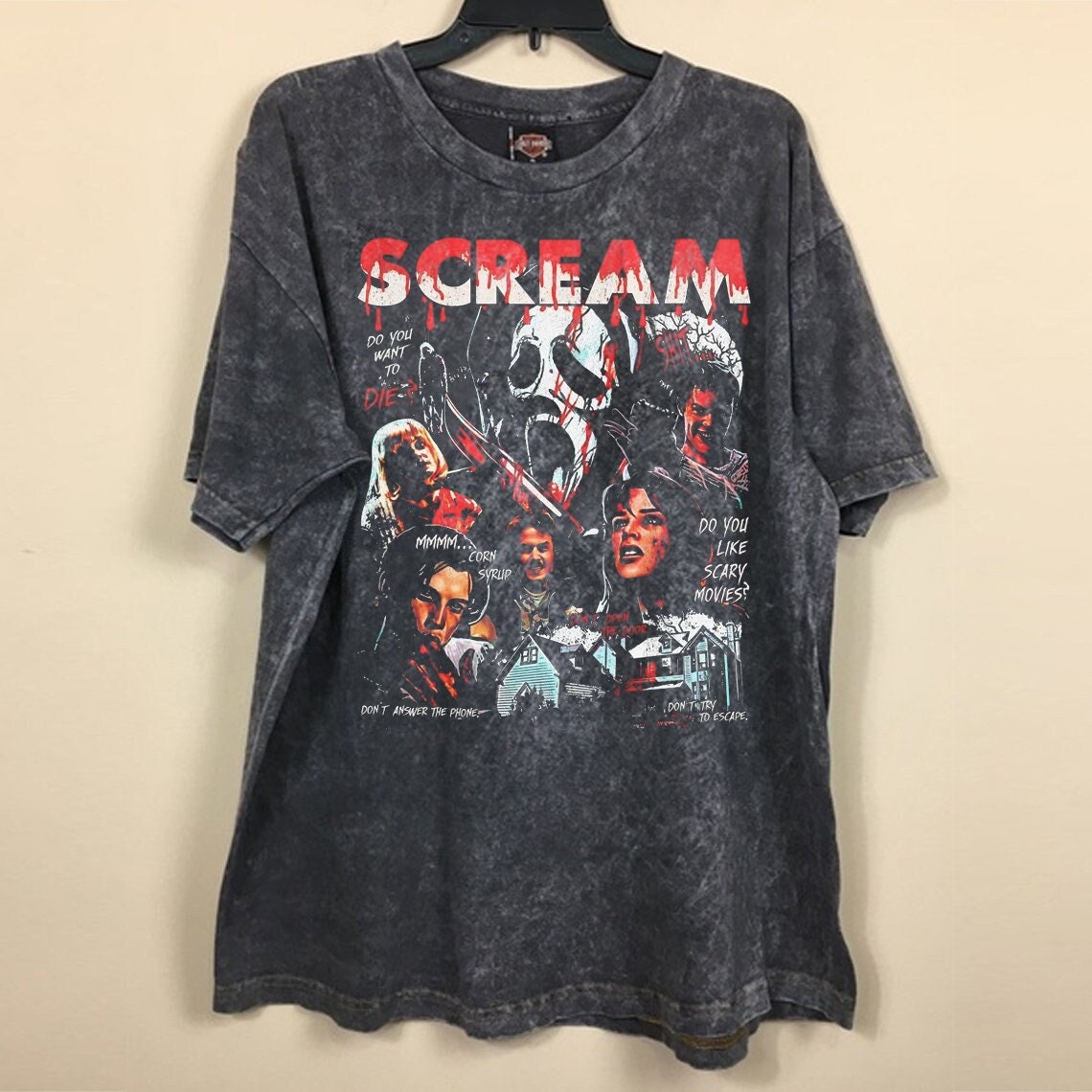 Retro 90s S C R E A M Movie Unisex Mineral Wash T-Shirt, Horror Movie Fan Shirt, Vintage Halloween Shirt, Funny Halloween Shirt