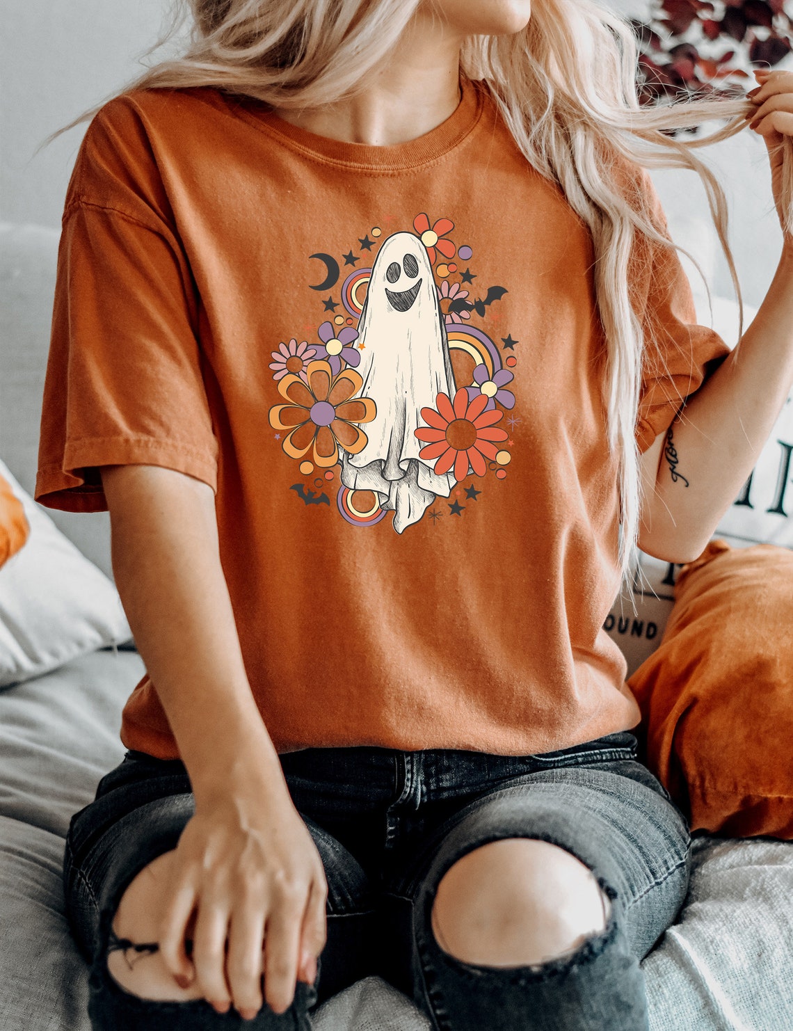 Retro Halloween Comfort Colors shirt, Flower Ghost Sketch Shirt, Vintage Ghost Halloween Shirt, Witch Shirt, Retro Fall Shirt, Fall Shirt
