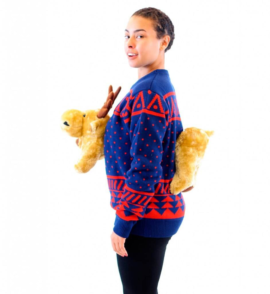Women's Navy 3-D Christmas Sweater with Stuffed Moose Ugly Christmas Sweater