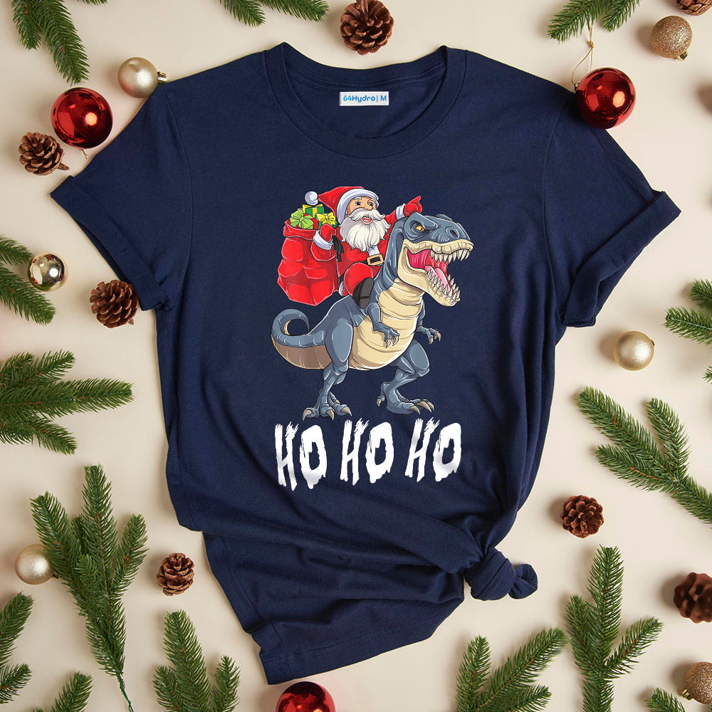Dinosaur Christmas Santa Riding Dark Classic T Shirt