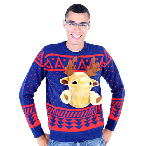 Navy 3-D Christmas Ugly Christmas Sweater with Stuffed Moose