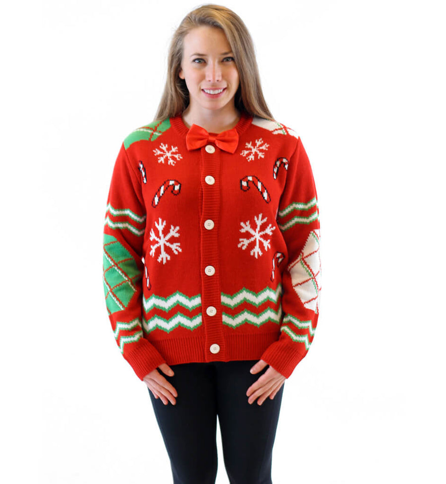 Women's Candy Canes and Snowflakes Button Up Ugly Christmas Sweater with Bowtie