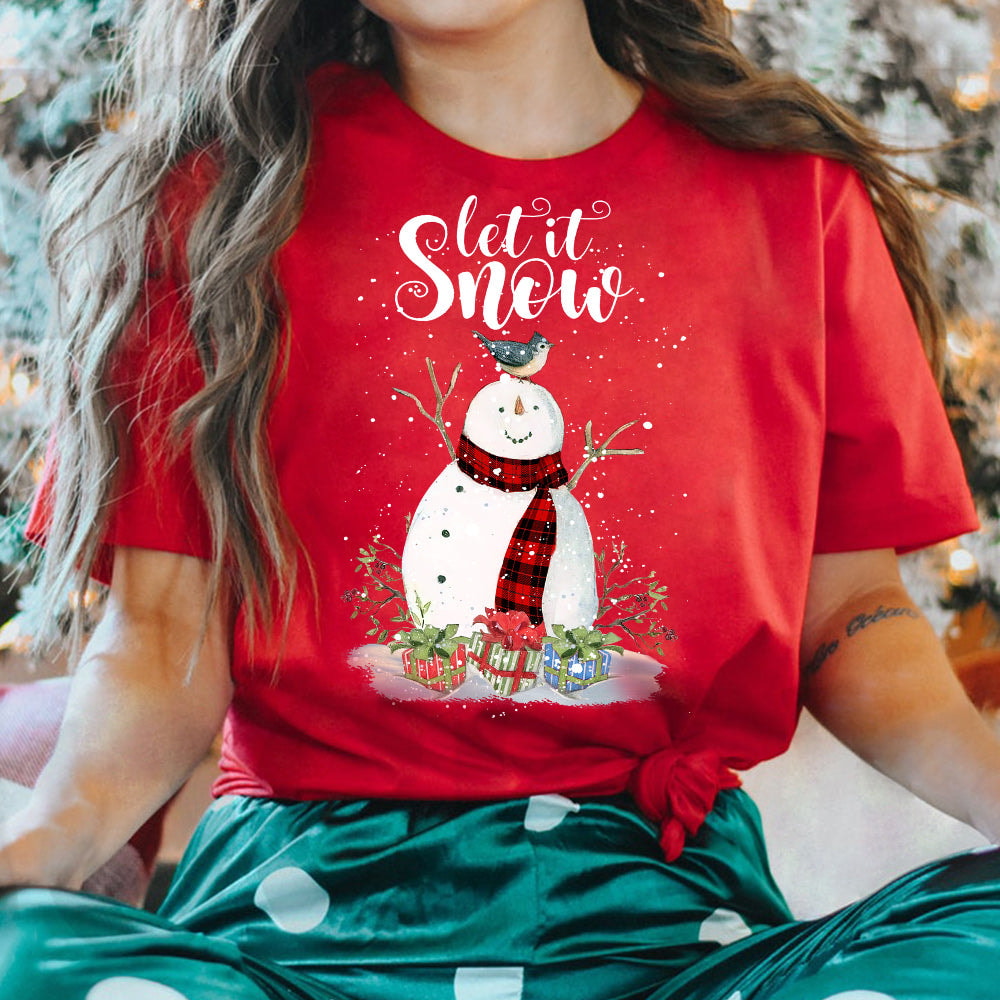Snowman Christmas Let It Snow Red Tartan Dark Classic T Shirt