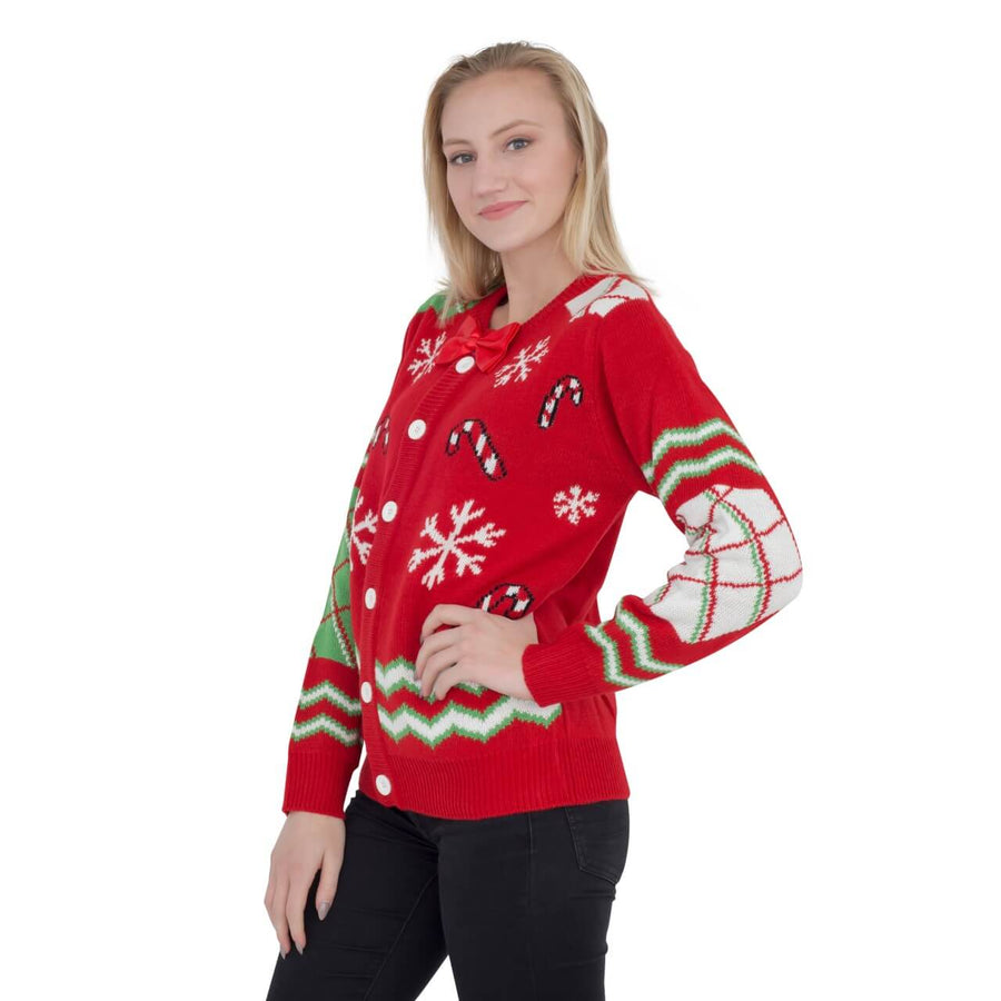 Women's Candy Canes and Snowflakes Button Up Ugly Christmas Sweater with Bowtie