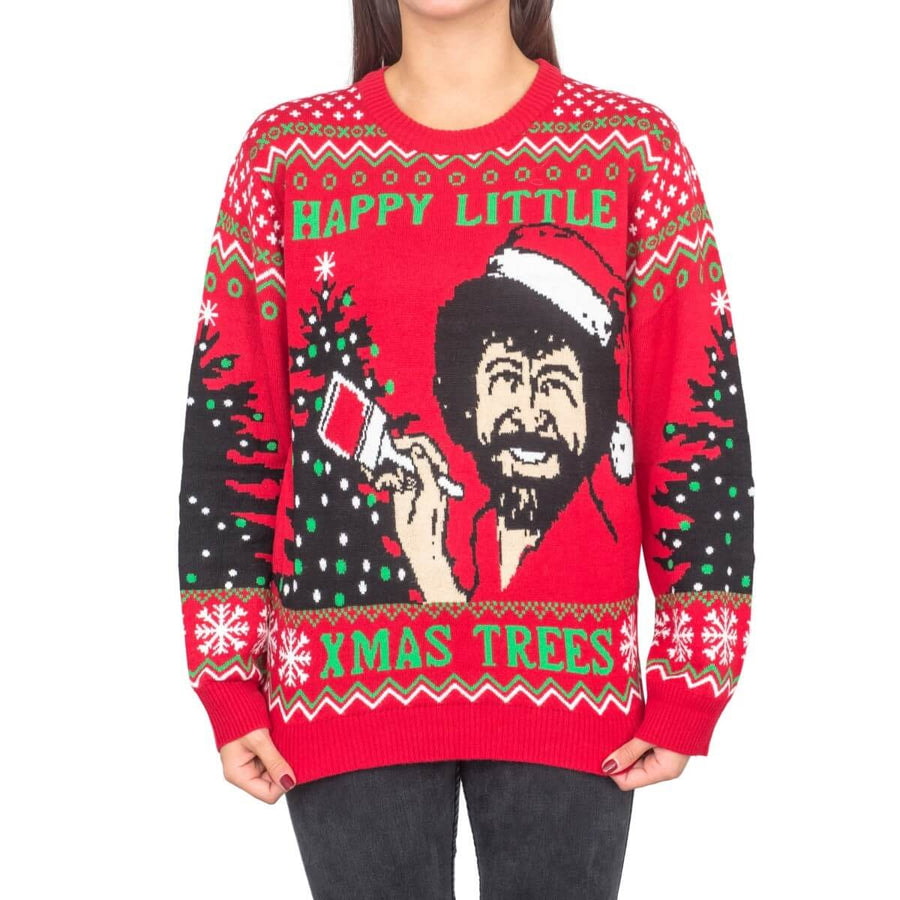 Women's Bob Ross Happy Little Xmas Trees Ugly Christmas Sweater