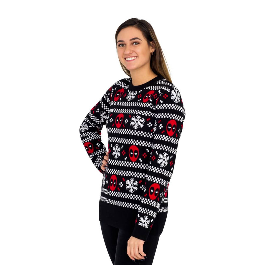 Women's Deadpool Holiday Snow Stripes Ugly Christmas Sweater