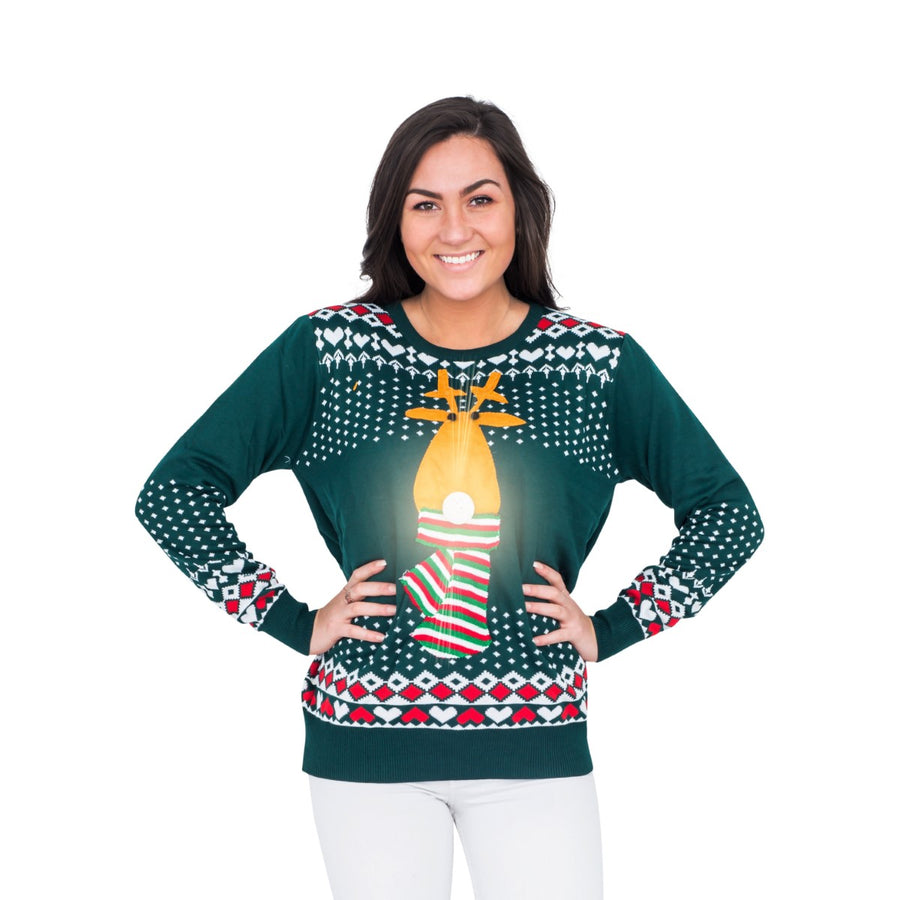Woman's Green LED Reindeer Christmas sweater