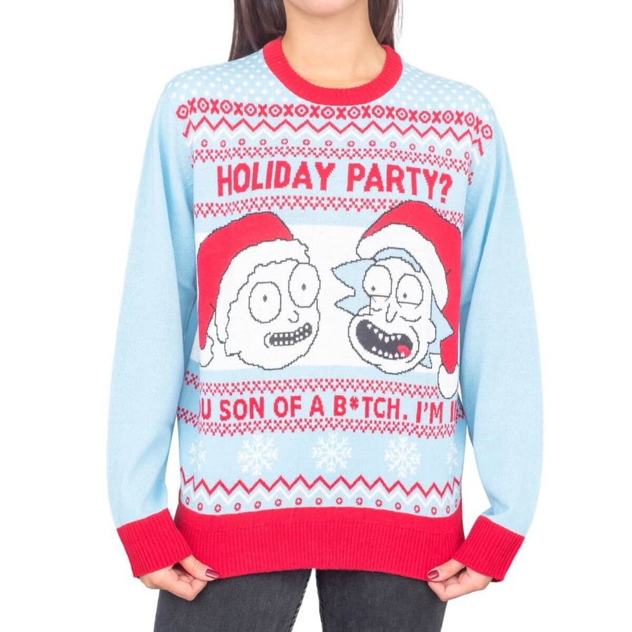 Womens's Rick and Morty Holiday Party Light Blue Ugly Christmas Sweater