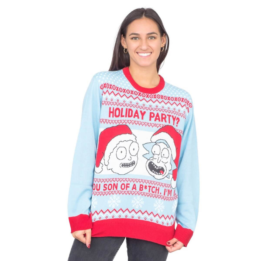 Womens's Rick and Morty Holiday Party Light Blue Ugly Christmas Sweater