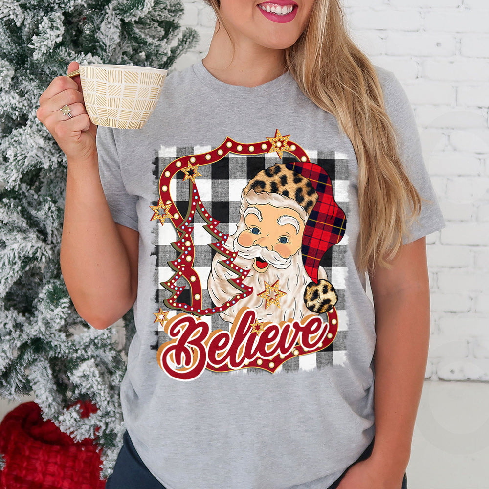 Xmas Red Tartan Christmas Tree Santa Believe Light Classic T Shirt