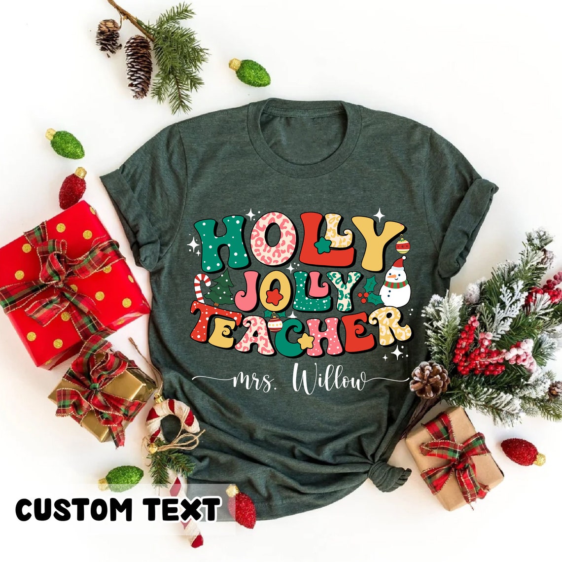Personalized Name Holly Jolly Teacher Shirt