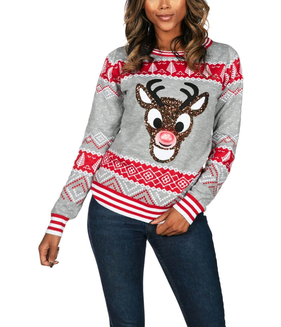WOMEN'S SEQUIN RUDOLPH LIGHT UP UGLY CHRISTMAS SWEATER
