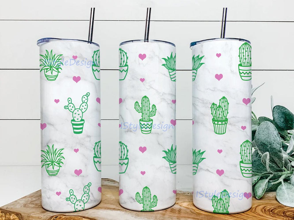 Cactus Pattern With Heart Beautiful With White Background Skinny Tumbler