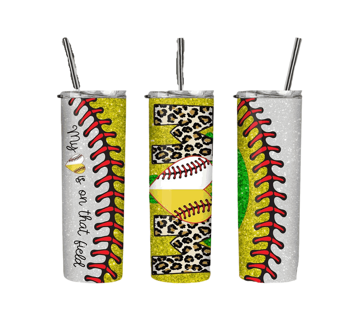 Softball Baseball Mom Script With Leopard Pattern And Glitter Yellow And Glitter Silver On Both Sides