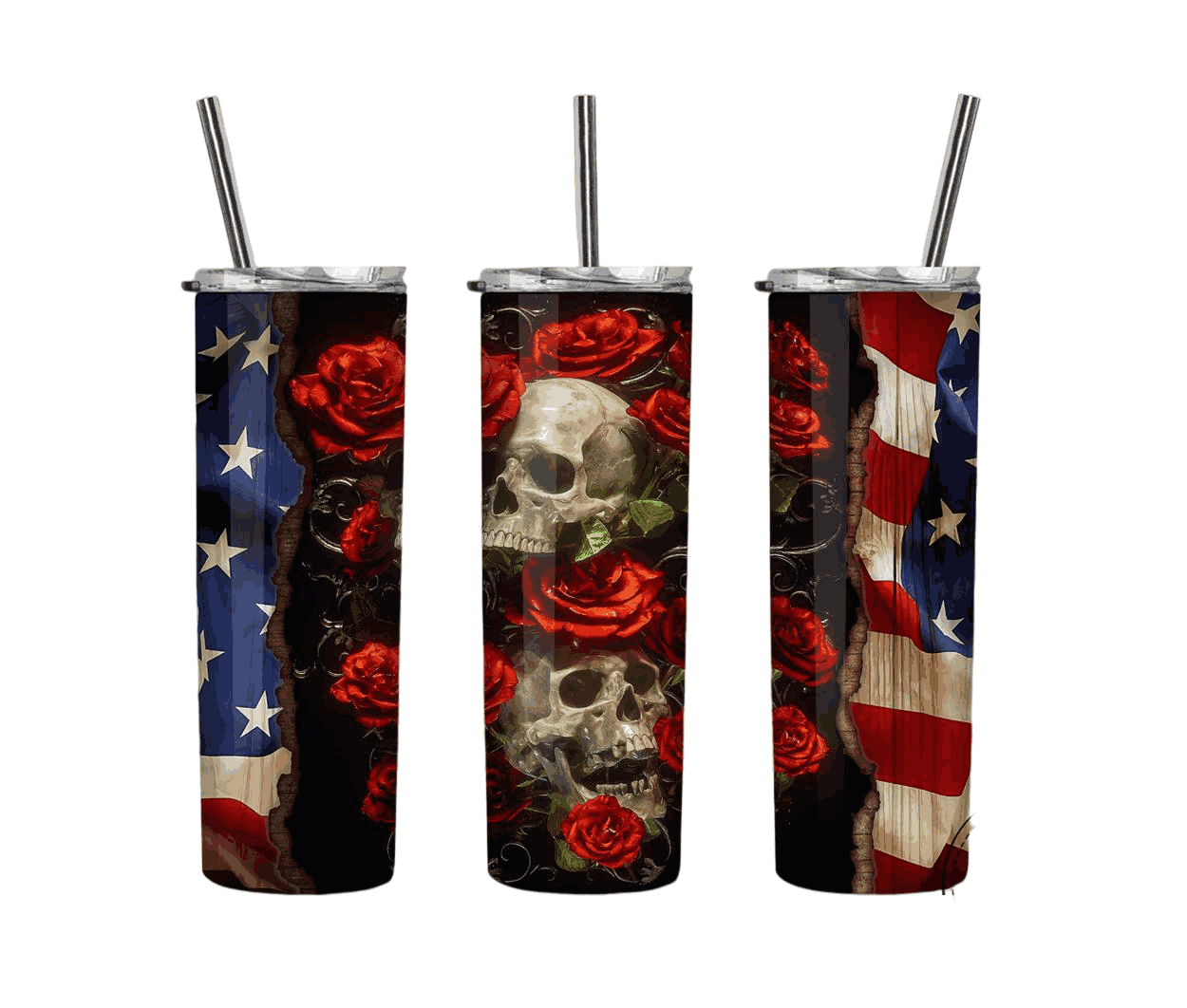4th Of July With Skull Mix Seamless Rose Floral And American Flag On Both Sides