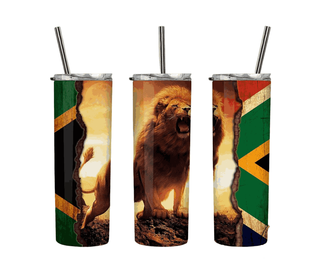 Lion On Cliff And Africa Flag On Both Sides