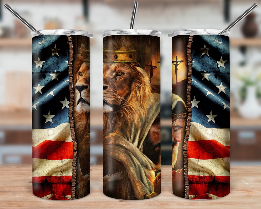 Lion Crown And Christian Faith Bible Verse Template With USA Flag On Both Sides