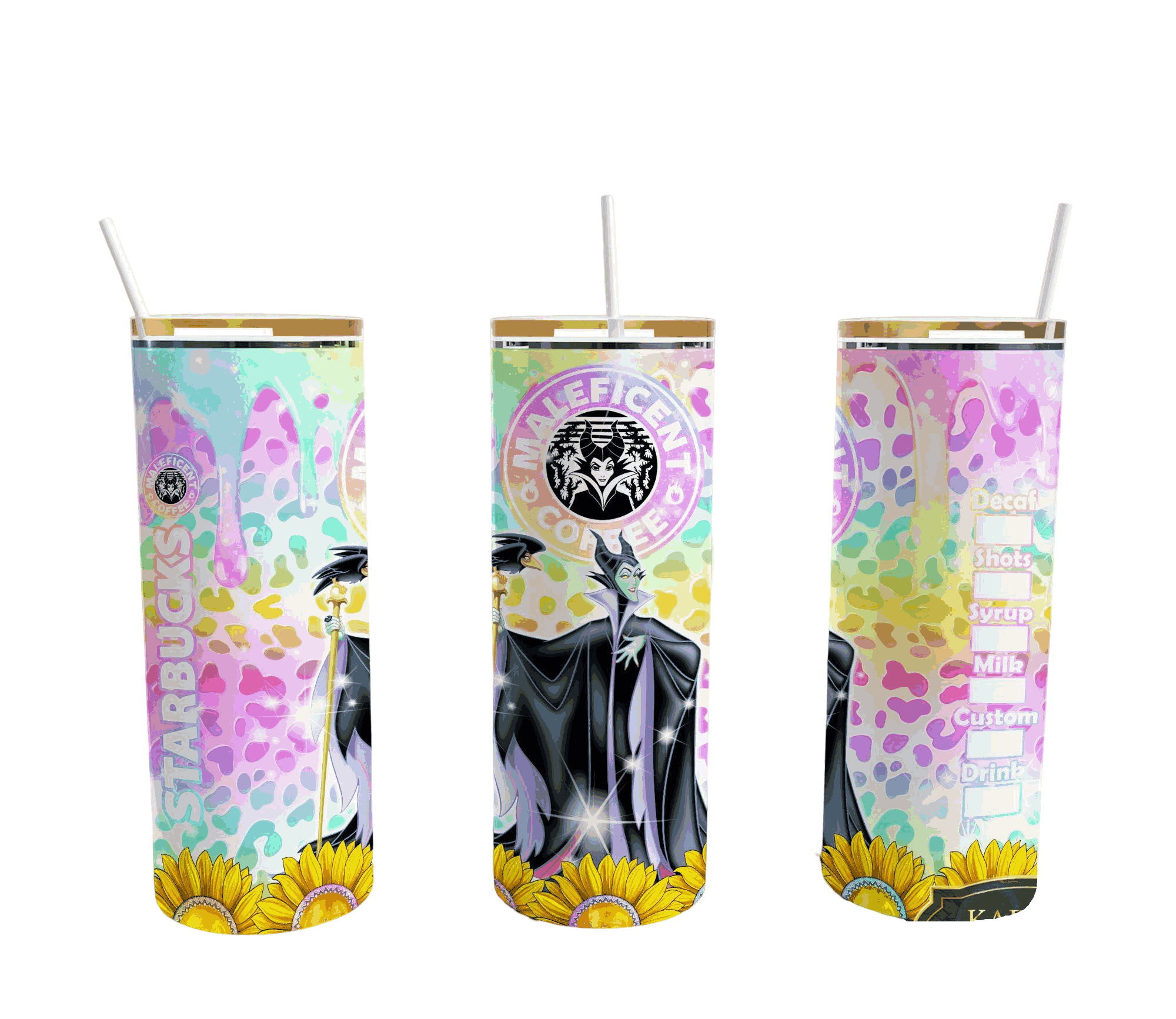 Maleficent Coffee, Seamless Leopard And Sun Flower At The Bottom, Comics Style