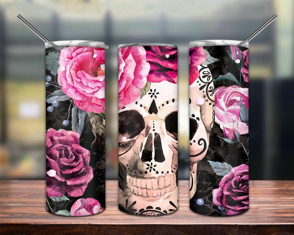 Skull Tattoo Pink Flower Beautiful Gifts For Skull Lover Skinny Tumbler