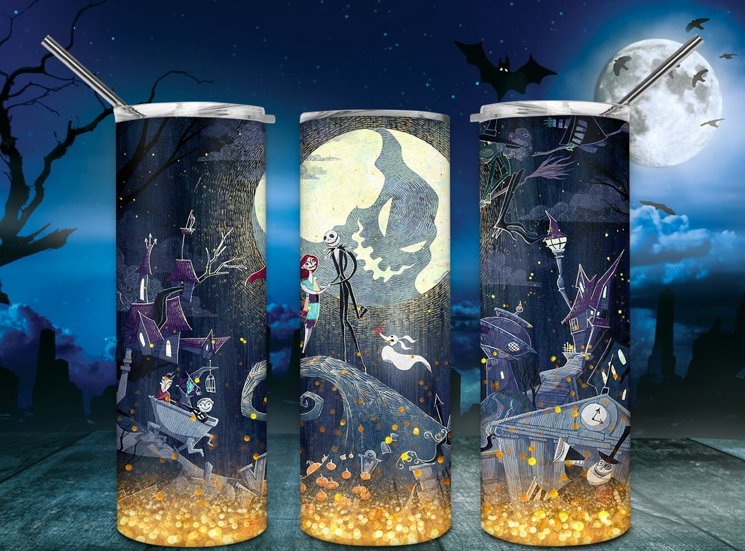 Halloween Jack and Sally Together Forever Beautiful Pattern Spooky Skinny Tumbler