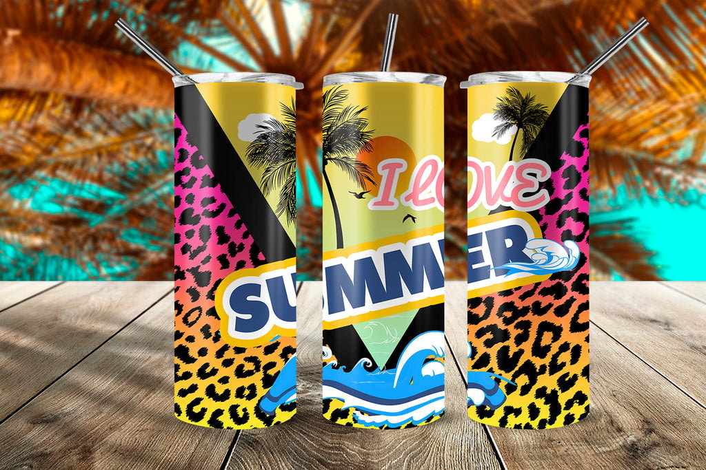 I Love Summer Beach Sunset and Leopard Neon Skinny Tumbler