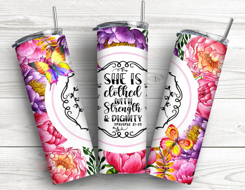 Christian Bible Verse She Is Clothed With Strength And Dignity Skinny Tumbler