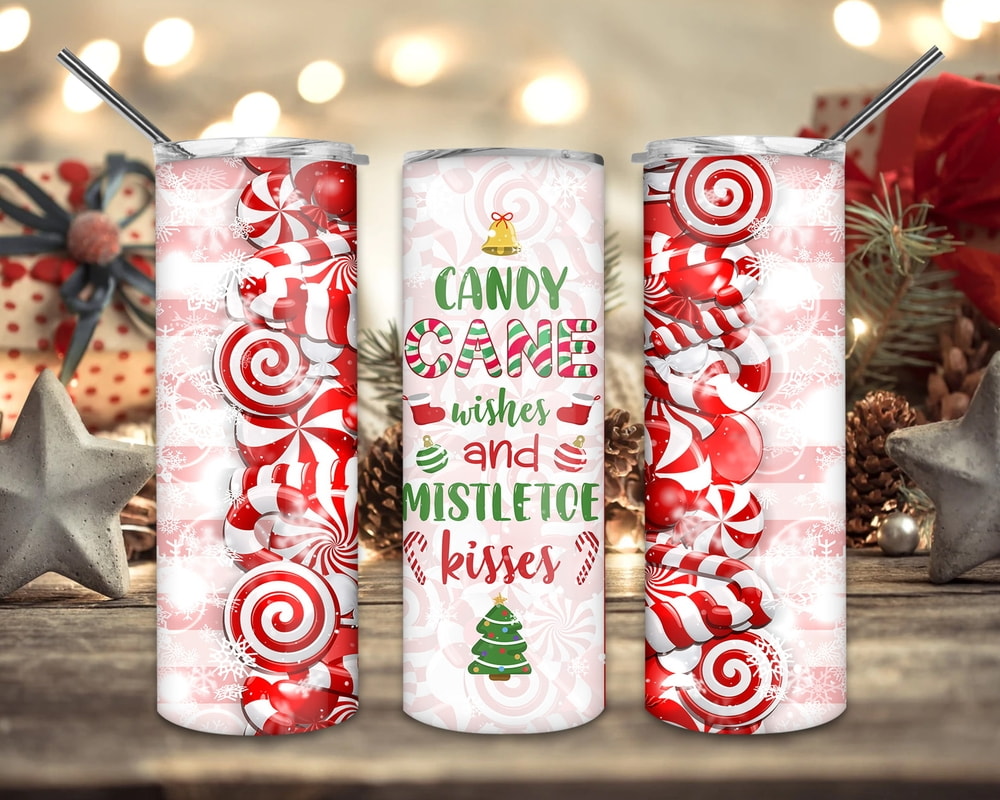 Christmas Candy Cane Wishes And Mistletoa Kisses Skinny Tumbler