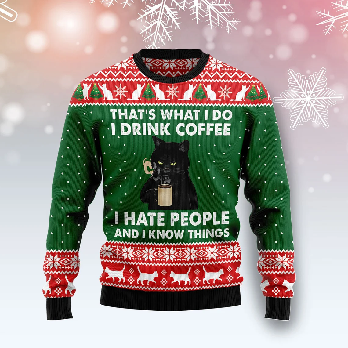 3D Black Cat Drink Coffee Ugly Sweater
