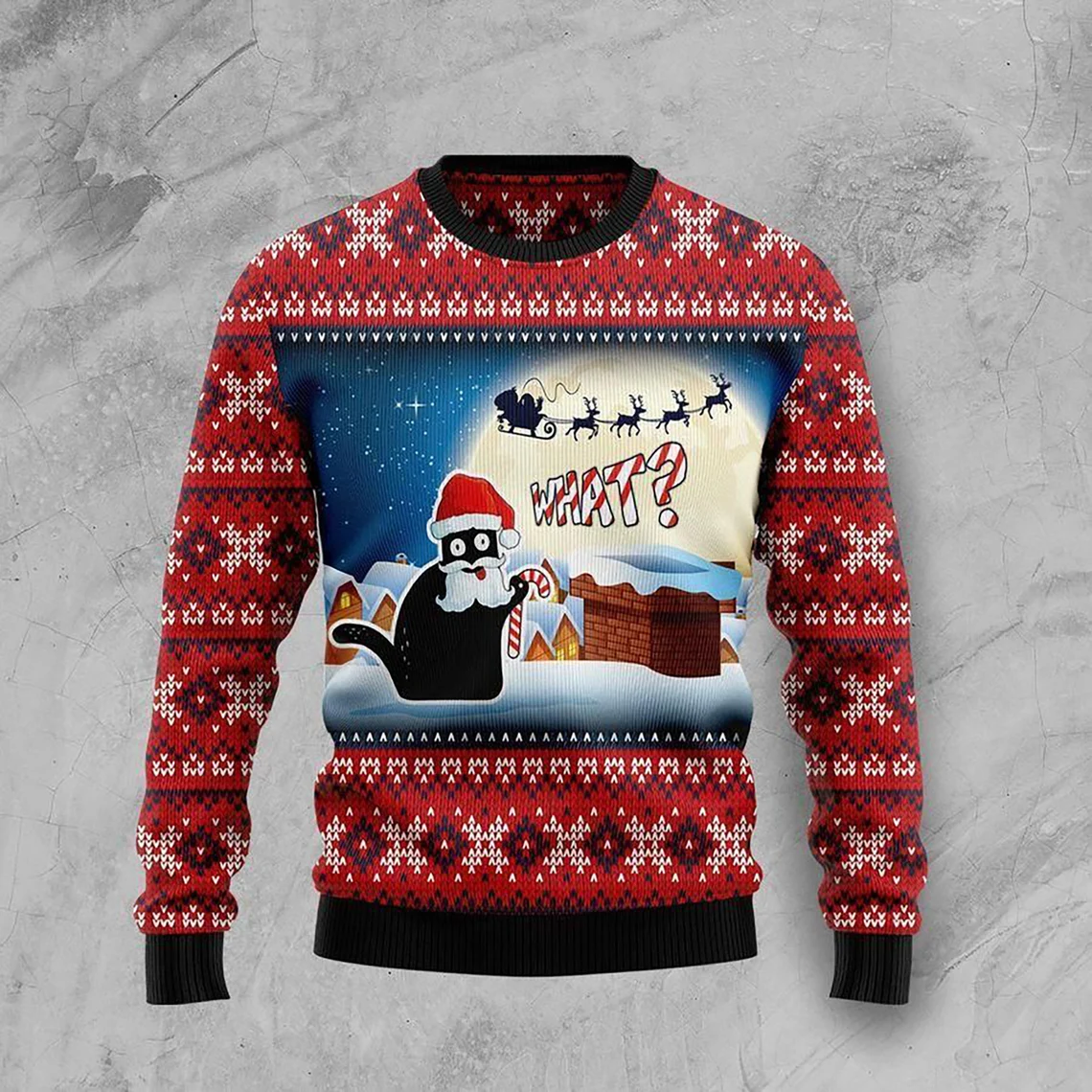 3D Black Cat What Chimney Ugly Christmas Sweater