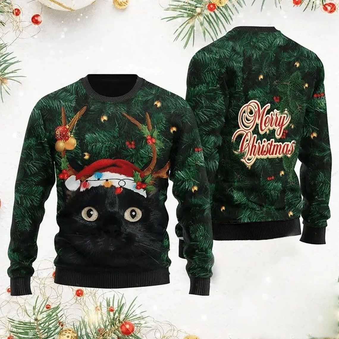 3D Merry Christmas Black Cat In Pine Tree Christmas