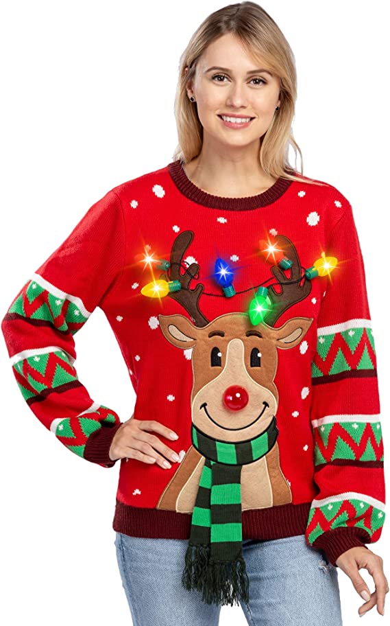 Red LED Light Up Reindeer Ugly Christmas Sweater