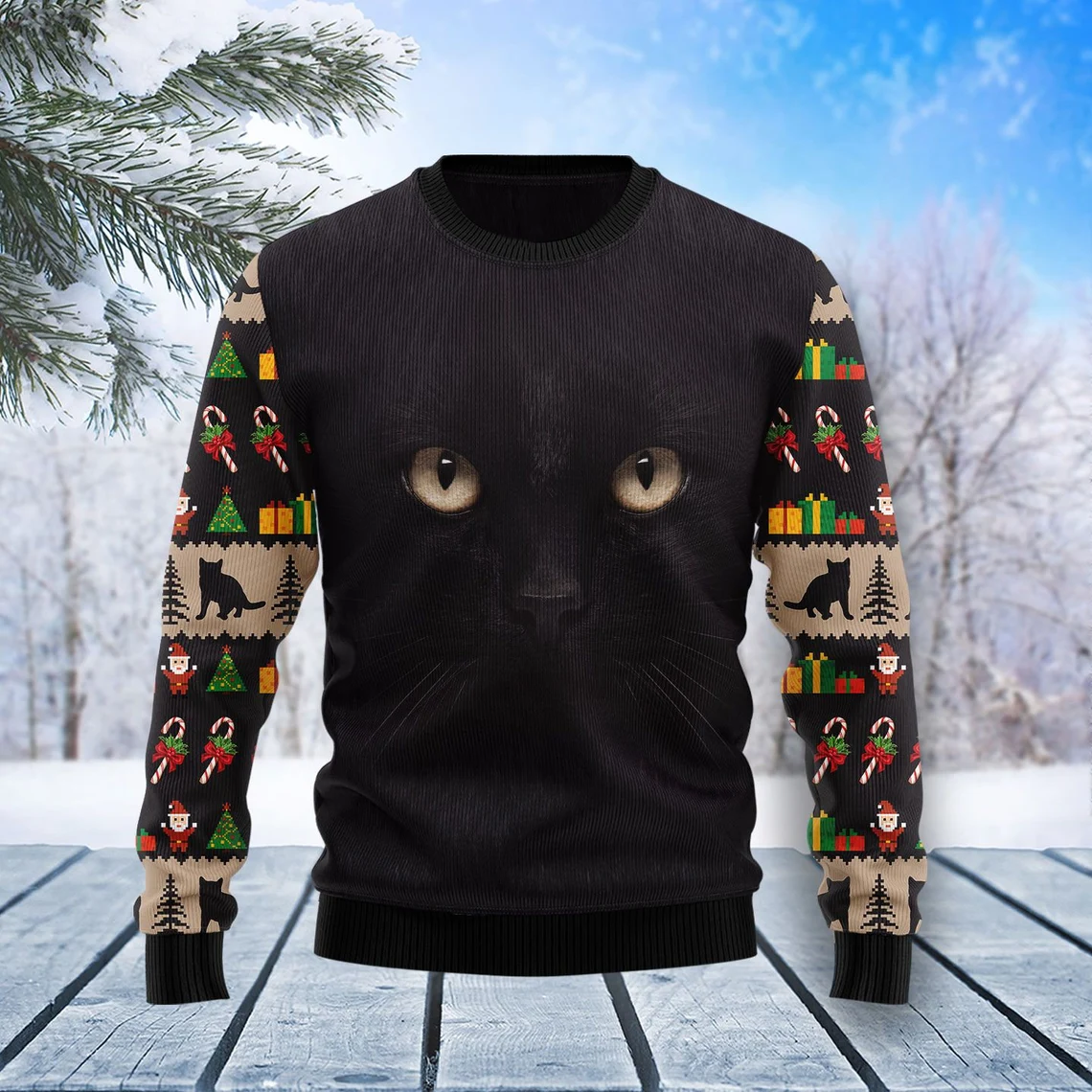 Black Cat Cute Face Ugly Christmas Sweater