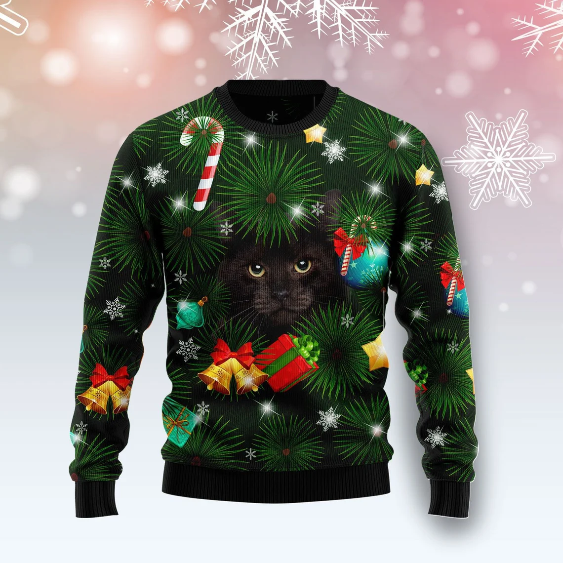 Black Cat Inside Tree Ugly Christmas Sweater
