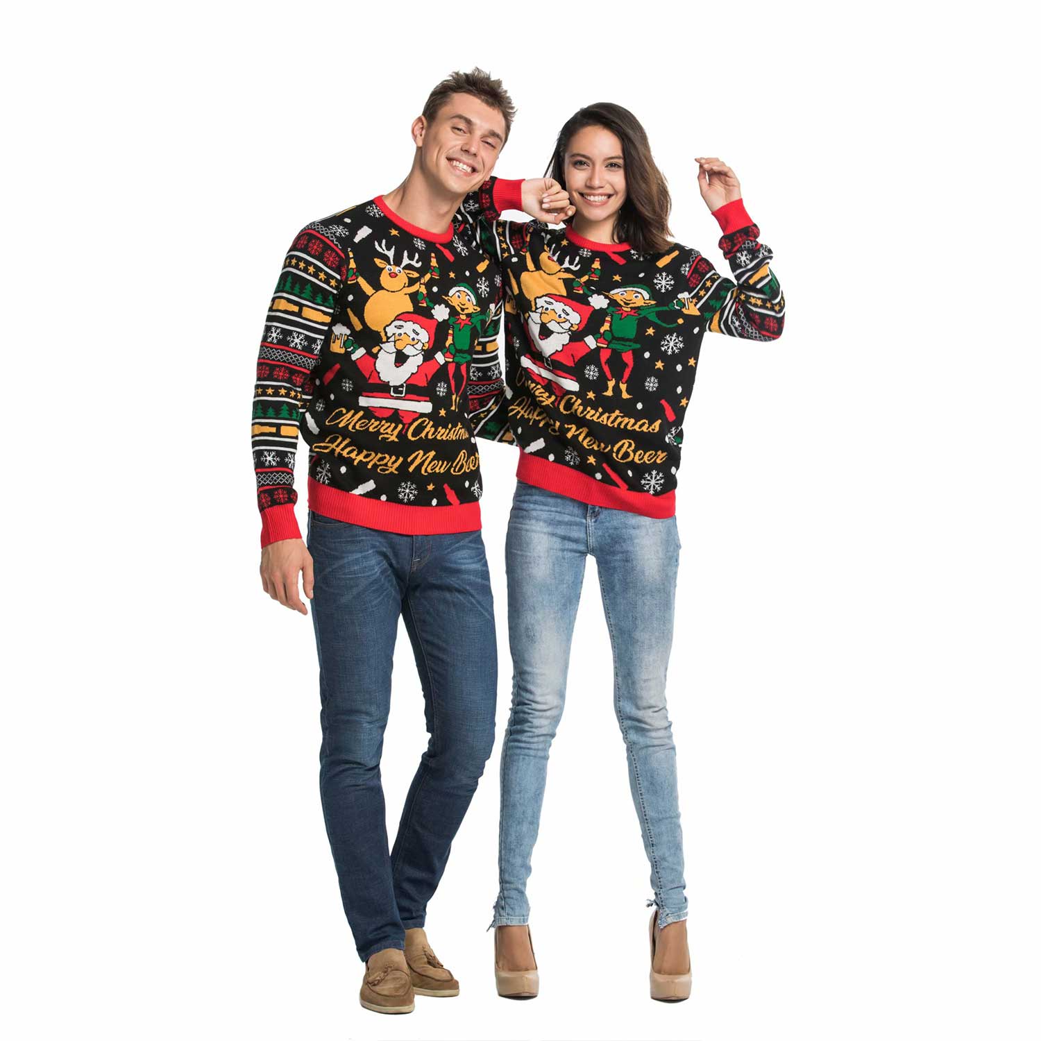 Couples Ugly Christmas Sweater with Drunk Santa, Reindeer and an Elf