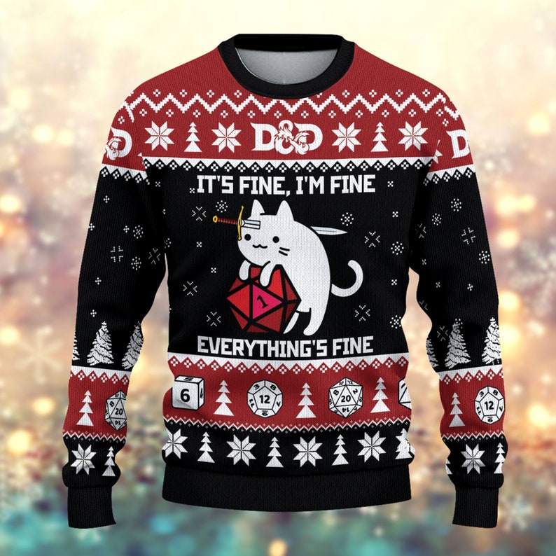 Funny Cat It's Fine Everything Fine Ugly Christmas Sweater