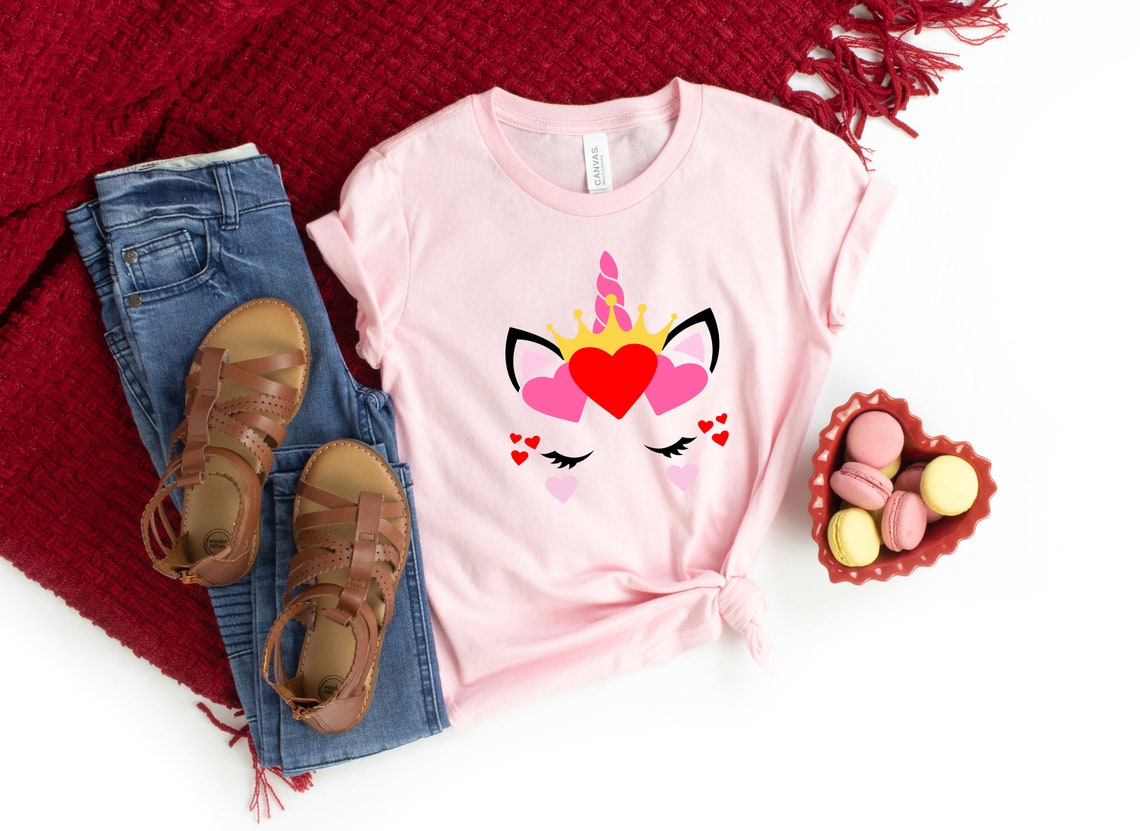 Girl Valentines Day Shirt, Valentines Day Unicorn with Tiara shirt