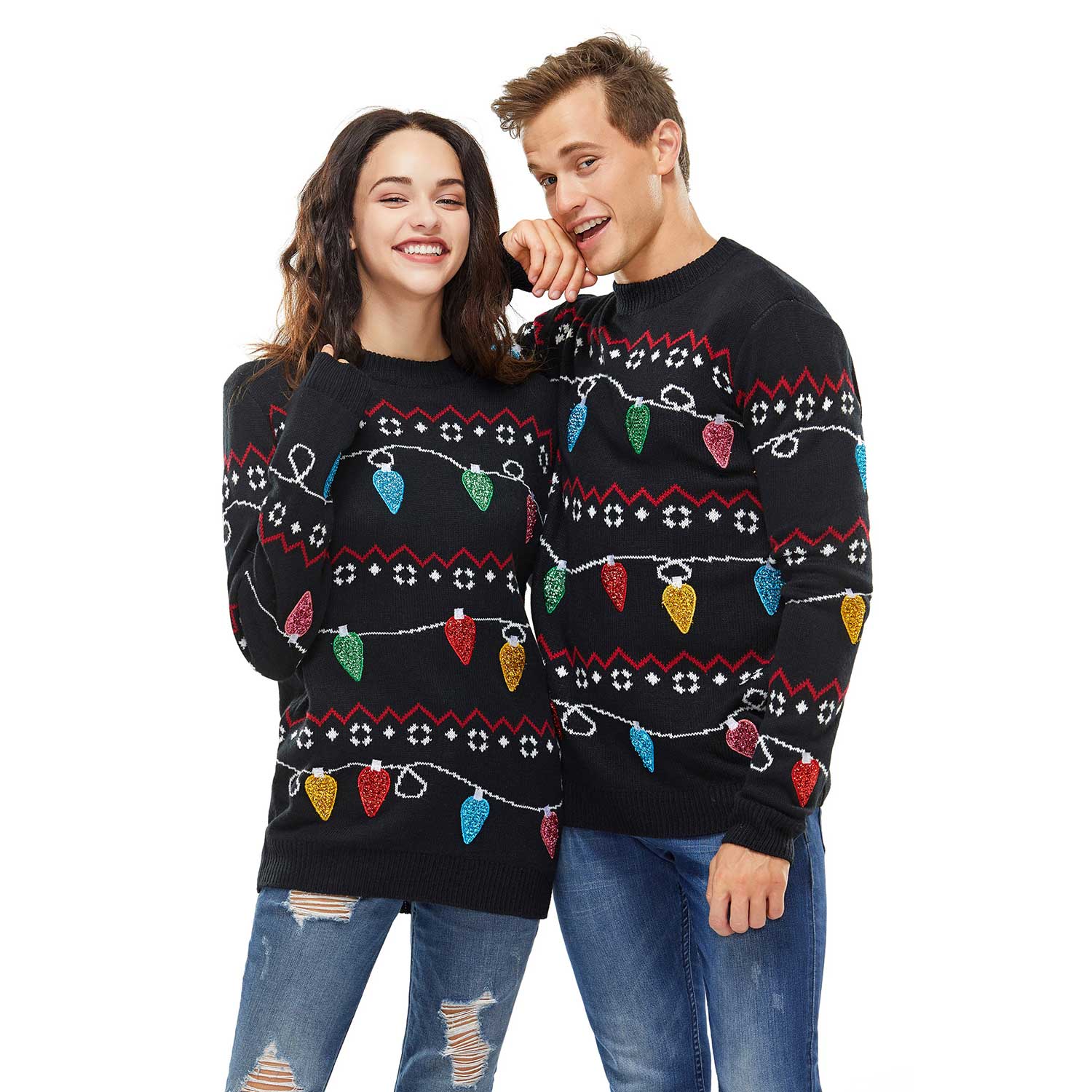 Glitter Fairy Light Couples Funny Ugly Christmas Holiday Sweater