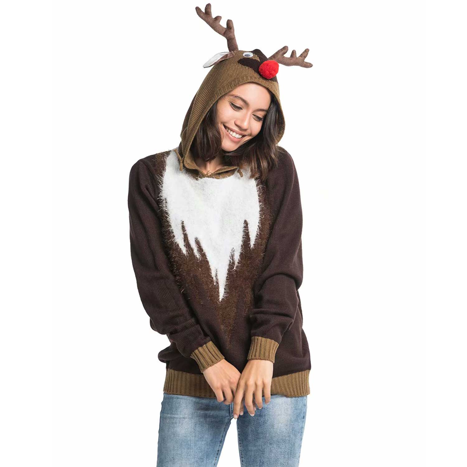 Knitted Fur Reindeer Mens Christmas Sweater Hoodie