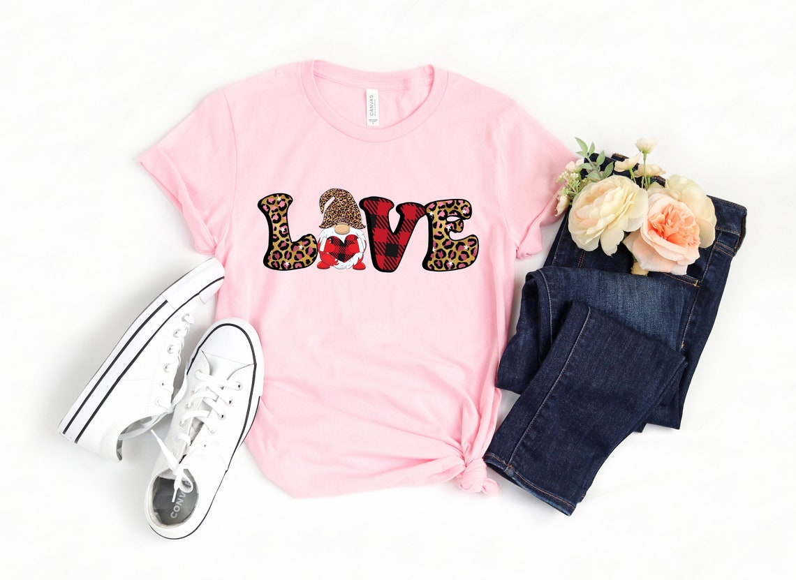 Love Gnome Shirt, Leopard Print Valentines Day Shirt, Valentines Day Shirts For Woman
