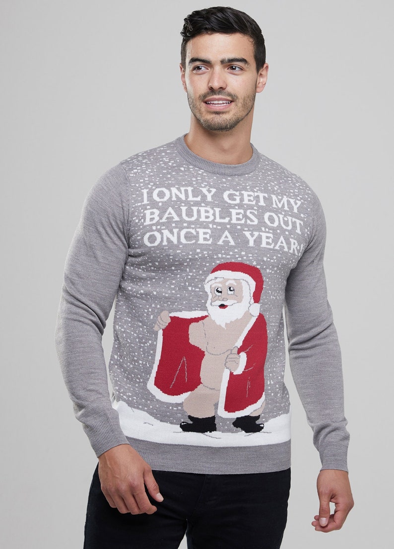 Men's Christmas Novelty Jumper Funny Rude Santa Knitted Grey Xmas Sweater