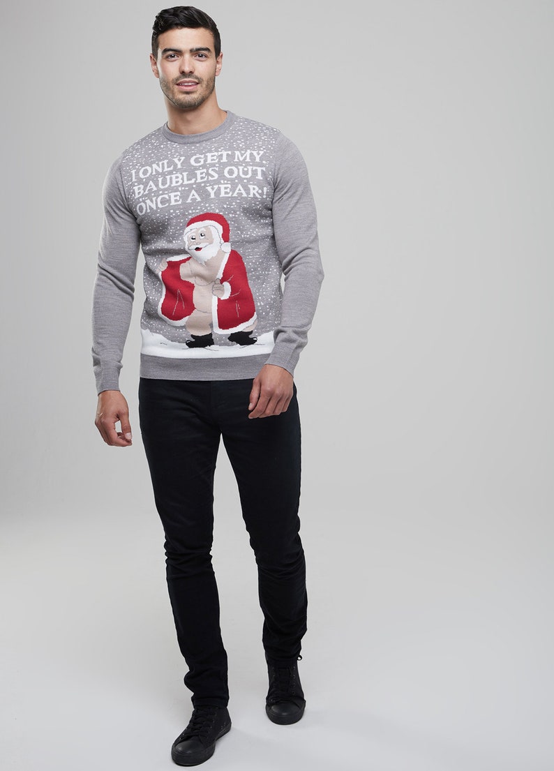 Men's Christmas Novelty Jumper Funny Rude Santa Knitted Grey Xmas Sweater